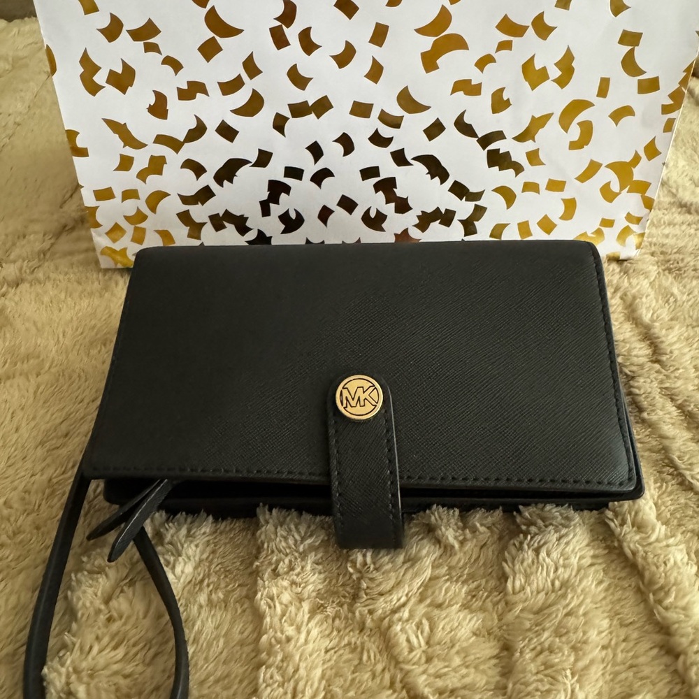 Michael Kors Black Saffiano Leather Wristlet Wallet with Gold Logo